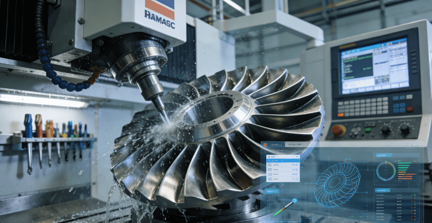 A 5-axis CNC machine at JS Precision meticulously machining an aerospace turbine blade, showcasing the capability for complex parts in a single setup.
