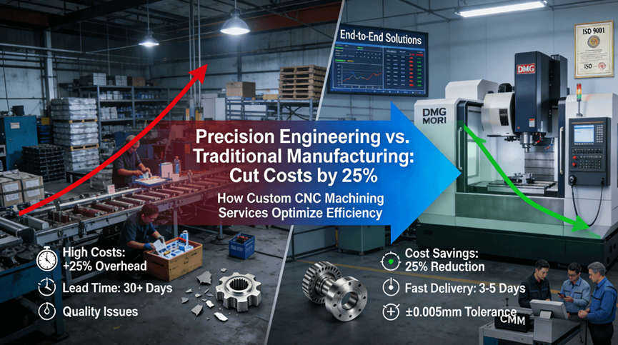 Comparison diagram showing traditional manufacturing problems (high costs, delays) versus precision engineering solutions with custom CNC machining services enabling 25% cost reduction and faster lead times. alt text add krdo